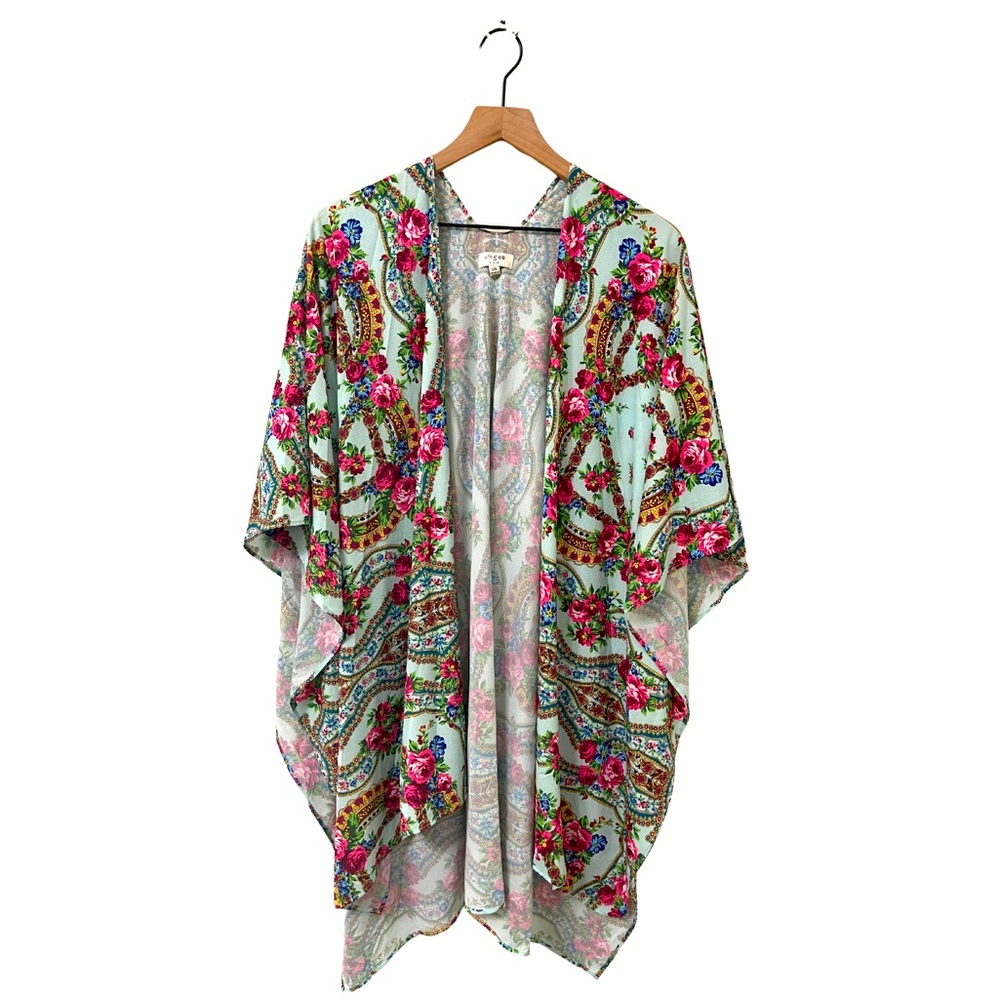 Umgee Floral Multi-Color Flowy Open-Front Kimono … - image 1